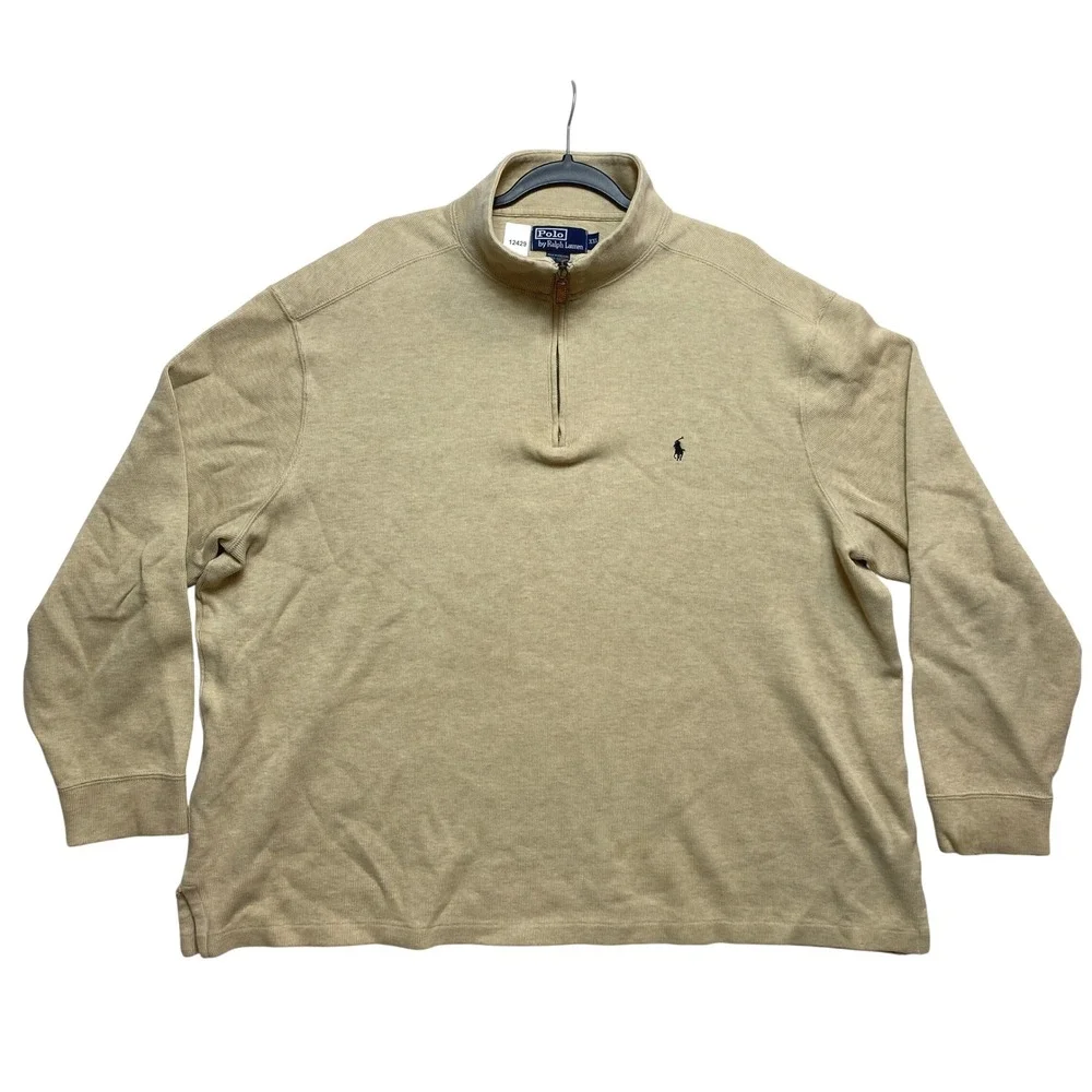 Polo Ralph Lauren Pullover Mens XXL Tan Quarter Zip Ribbed Knit Mock Neck Logo